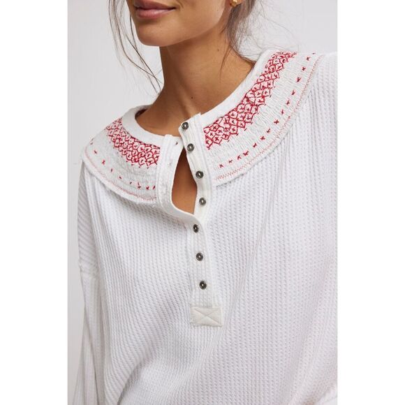 FREE PEOPLE HOLLY HENLEY size XS White Ivory Embroidered Boho Thermal - Picture 3 of 14